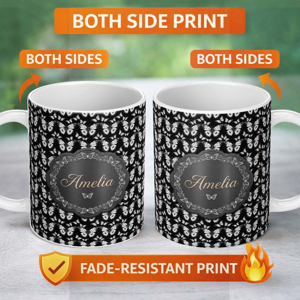 Personalized Custom Name Black and White Butterfly Elegant Repeating Seamless Pattern Lovely 11oz Ceramic Coffee Tea Mug White Large Handle