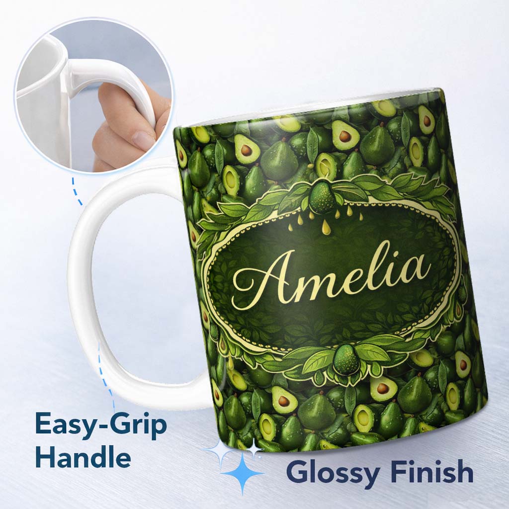 Personalized Custom Name Realistic Avocado Cluster Pattern Thoughtful Gift Idea Lovely 11oz Ceramic Coffee Tea Mug White Large Handle