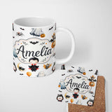 Personalized Custom Name Halloween Vampire Ghost Bats Spooky Characters Light Grey Seamless 11oz Ceramic Coffee Tea Mug White Large Handle