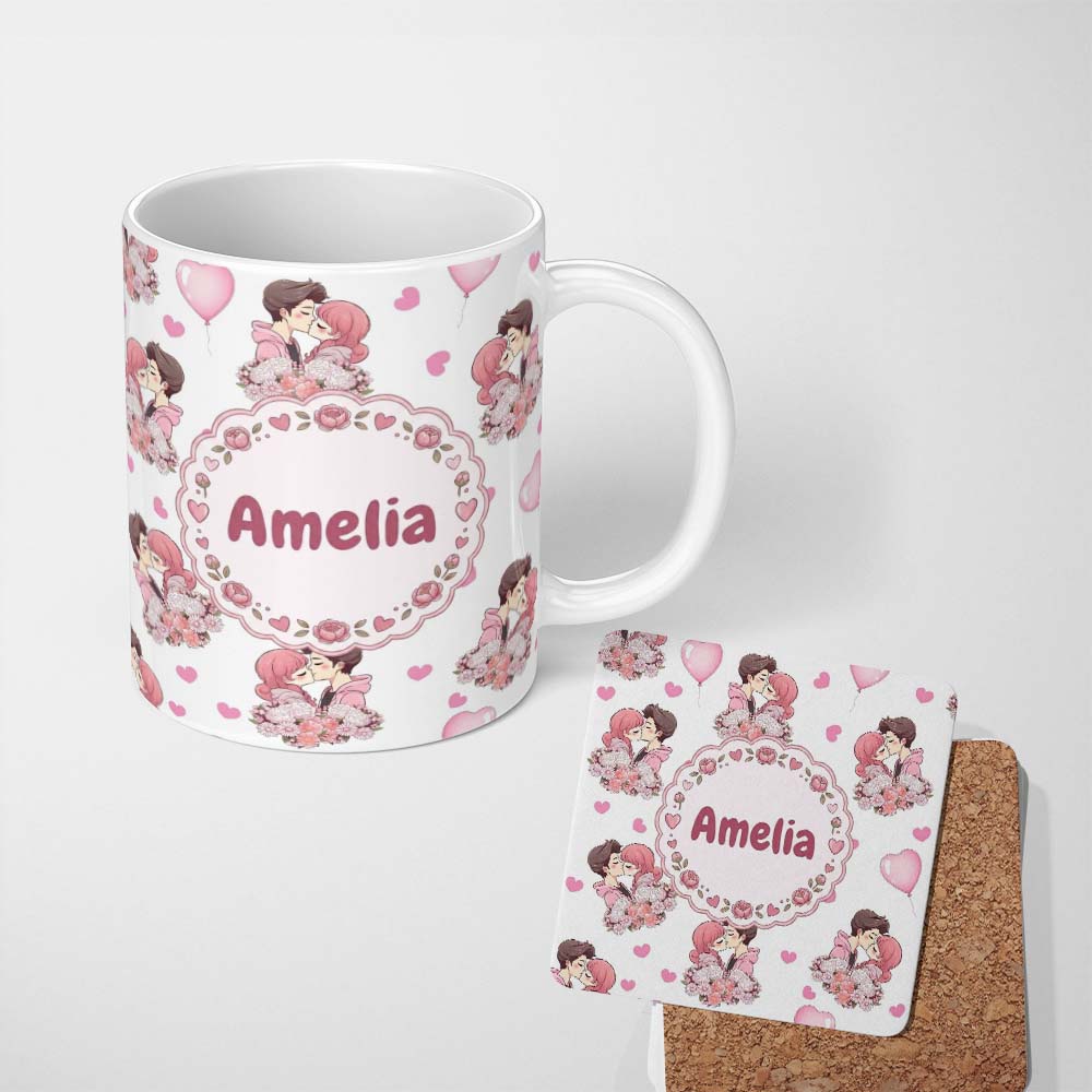 Personalized Custom Name Romantic Couple Kissing Floral Bouquet Hearts Pattern Light Grey 11oz Ceramic Coffee Tea Mug White Large Handle