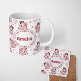 Personalized Custom Name Romantic Couple Kissing Floral Bouquet Hearts Pattern Light Grey 11oz Ceramic Coffee Tea Mug White Large Handle