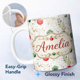 Personalized Custom Name Modern Red Green Baubles Gold Splash Festive Seamless Pattern Lovely 11oz Ceramic Coffee Tea Mug White Large Handle