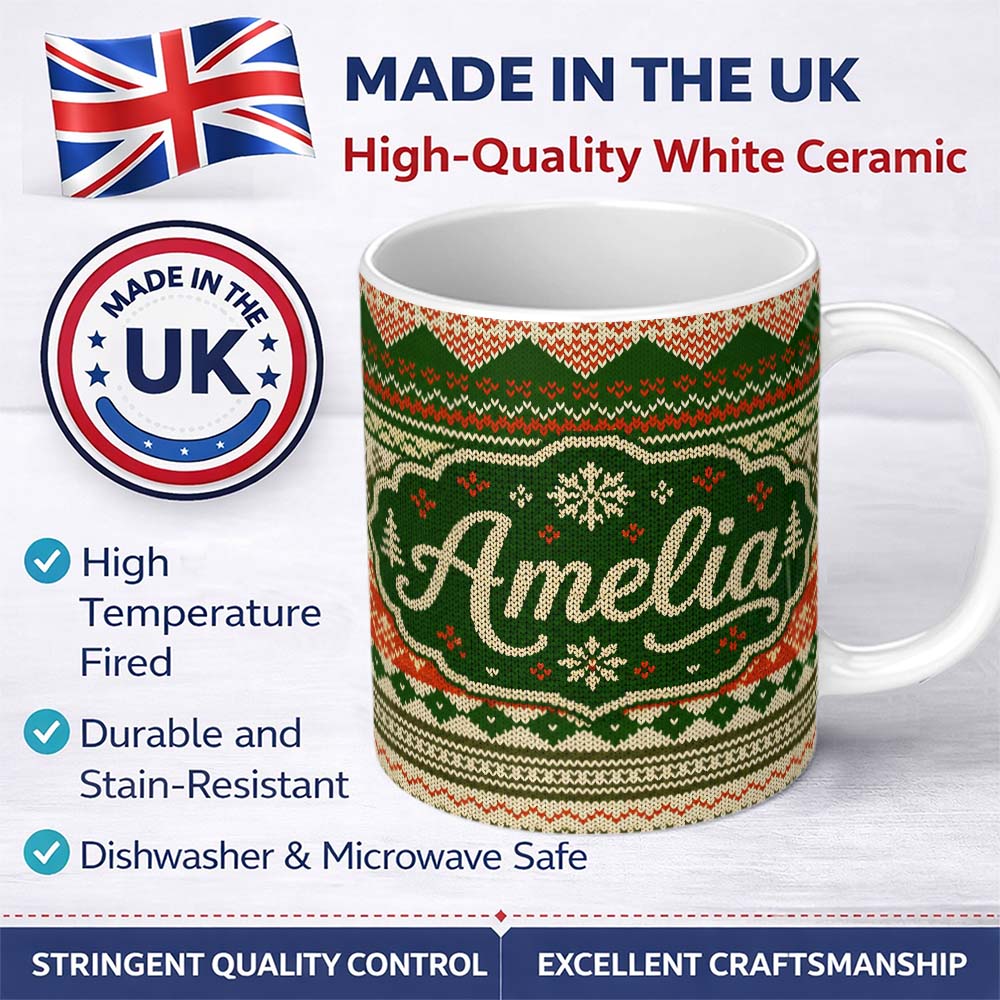 Personalized Custom Name Cute Green Beige Nordic Geometric Winter Knitted Seamless Pattern 11oz Ceramic Coffee Tea Mug White Large Handle