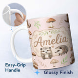 Personalized Custom Name Cute Woodland Hedgehog Mushrooms Leaves Seamless Pattern Sage Green 11oz Ceramic Coffee Tea Mug White Large Handle