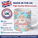 Personalized Custom Name Cute Baby Chick Donut Flowers Seamless Pattern Aqua Blue Background 11oz Ceramic Coffee Tea Mug White Large Handle