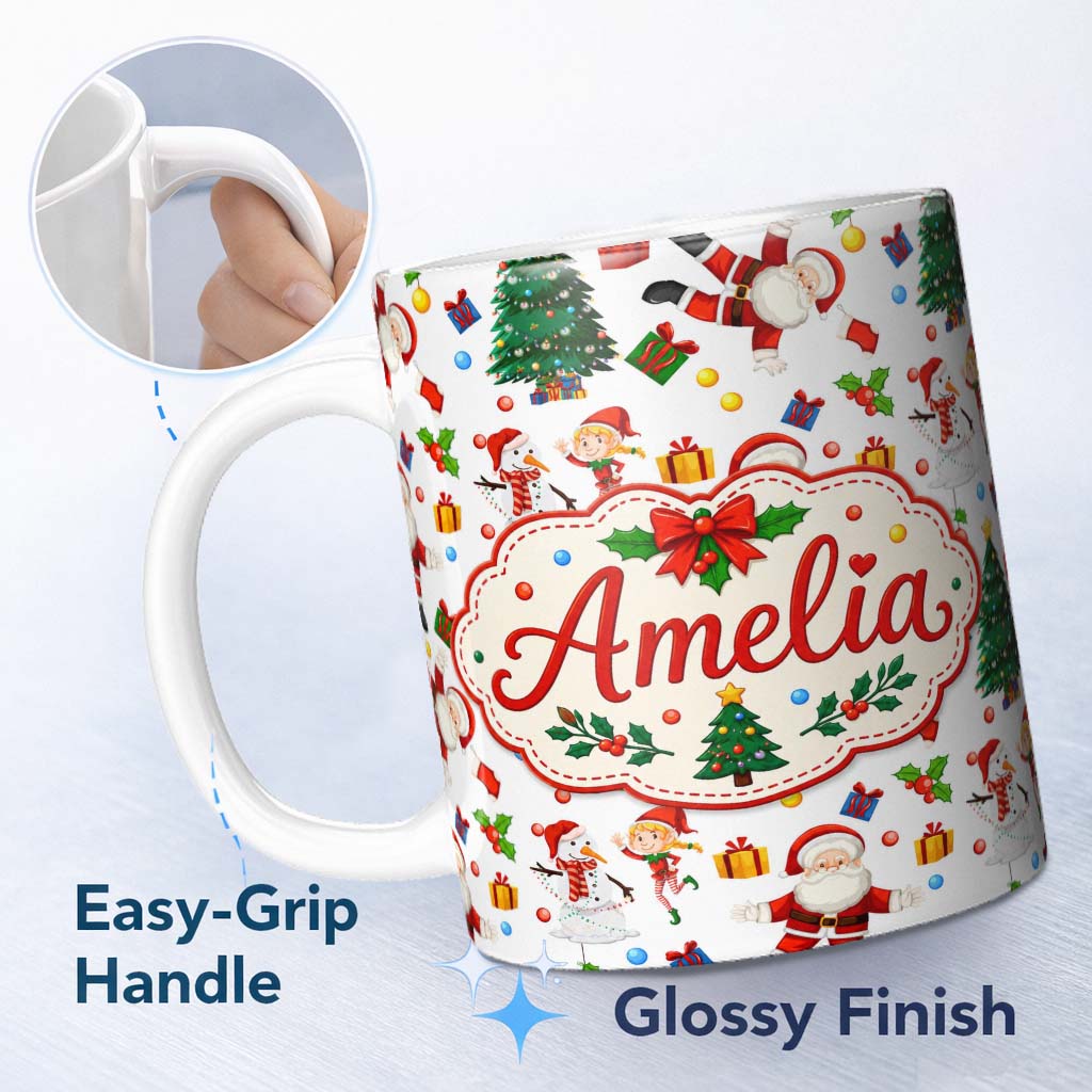 Personalized Custom Name Cute Santa Snowman Elf Christmas Tree Seamless Pattern Lovely 11oz Ceramic Coffee Tea Mug White Large Handle