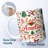 Personalized Custom Name Cute Santa Snowman Elf Christmas Tree Seamless Pattern Lovely 11oz Ceramic Coffee Tea Mug White Large Handle