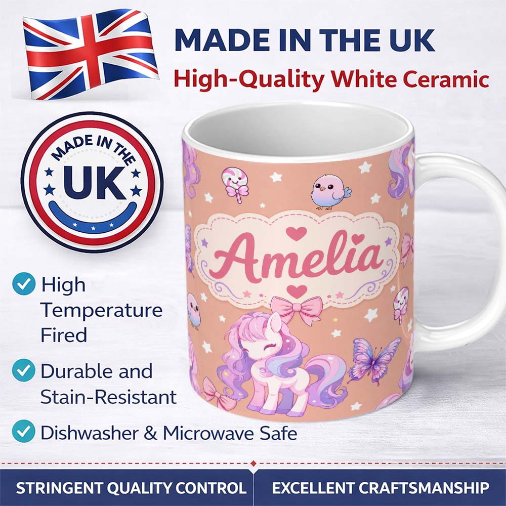 Personalized Custom Name Cute Pastel Unicorn Butterfly Candy Stars Peach Background Seamless 11oz Ceramic Coffee Tea Mug White Large Handle