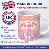 Personalized Custom Name Cute Pastel Unicorn Butterfly Candy Stars Peach Background Seamless 11oz Ceramic Coffee Tea Mug White Large Handle