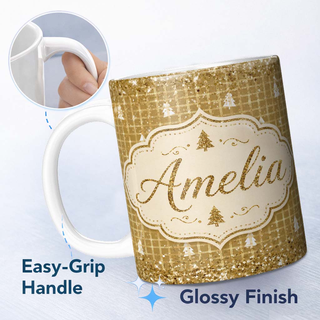 Personalized Custom Name Gold Grid Christmas Tree Glitter Leopard Seamless Pattern Design 11oz Ceramic Coffee Tea Mug White Large Handle