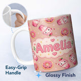 Personalized Custom Name Cute Kawaii Donuts and Strawberry Milkshake Peach Background 11oz Ceramic Coffee Tea Mug White Large Handle