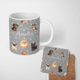 Personalized Custom Name Cute Dog Breeds Paw Print Seamless Pattern on Grey Background Lovely 11oz Ceramic Coffee Tea Mug White Large Handle