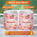 Personalized Custom Name Cute Kawaii Sushi Ramen Dumpling Food Blush Pink Background 11oz Ceramic Coffee Tea Mug White Large Handle