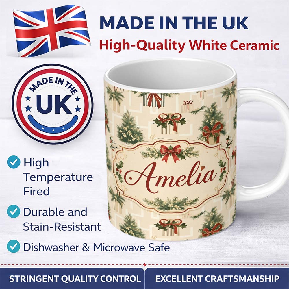 Personalized Custom Name Elegant Christmas Gift Boxes Pine Branch Red Bow Seamless Pattern 11oz Ceramic Coffee Tea Mug White Large Handle
