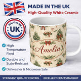 Personalized Custom Name Elegant Christmas Gift Boxes Pine Branch Red Bow Seamless Pattern 11oz Ceramic Coffee Tea Mug White Large Handle