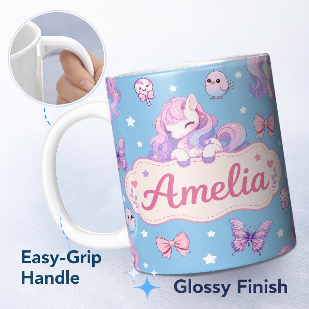 Personalized Custom Name Cute Pastel Unicorn Butterfly Candy Stars Blue Background Seamless 11oz Ceramic Coffee Tea Mug White Large Handle