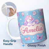 Personalized Custom Name Cute Pastel Unicorn Butterfly Candy Stars Blue Background Seamless 11oz Ceramic Coffee Tea Mug White Large Handle