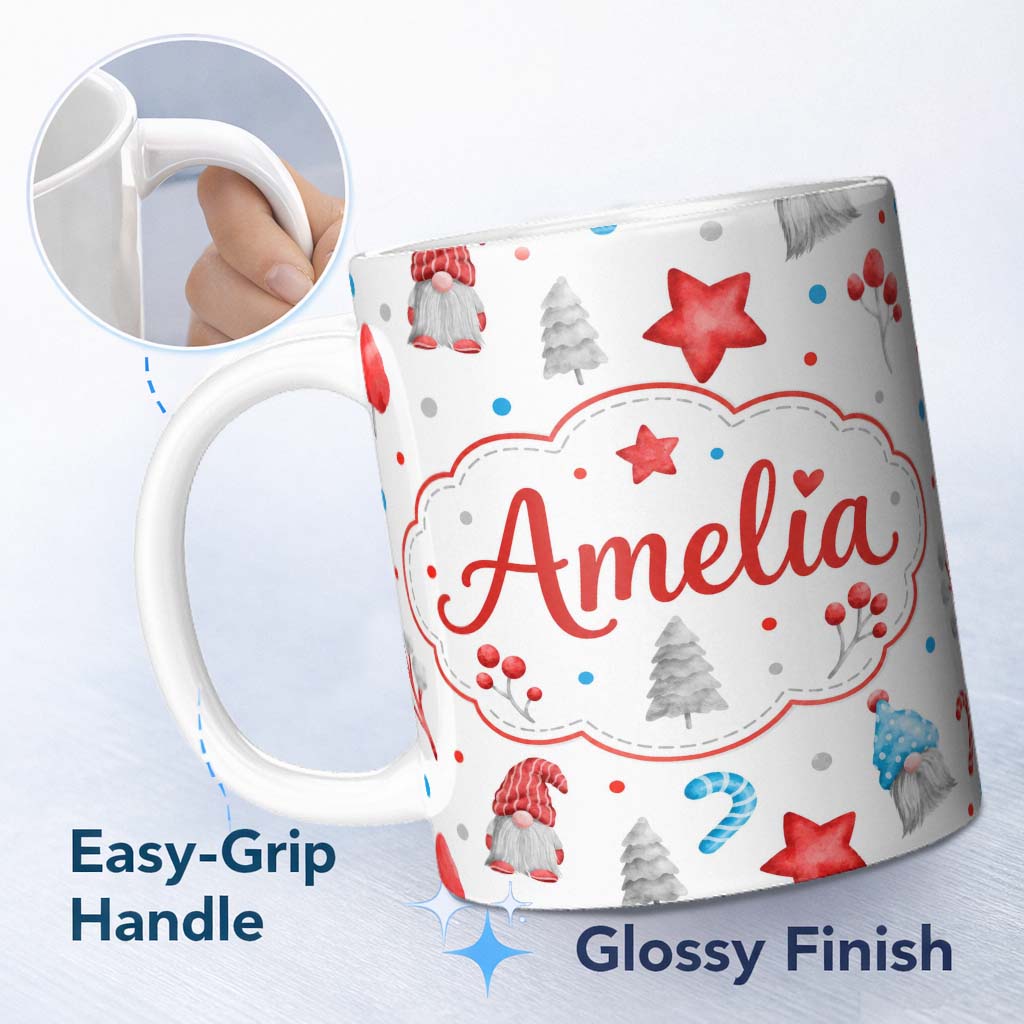 Personalized Custom Name Cute Christmas Gnome Candy Cane Gifts Seamless Pattern Lovely 11oz Ceramic Coffee Tea Mug White Large Handle