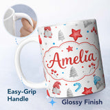 Personalized Custom Name Cute Christmas Gnome Candy Cane Gifts Seamless Pattern Lovely 11oz Ceramic Coffee Tea Mug White Large Handle