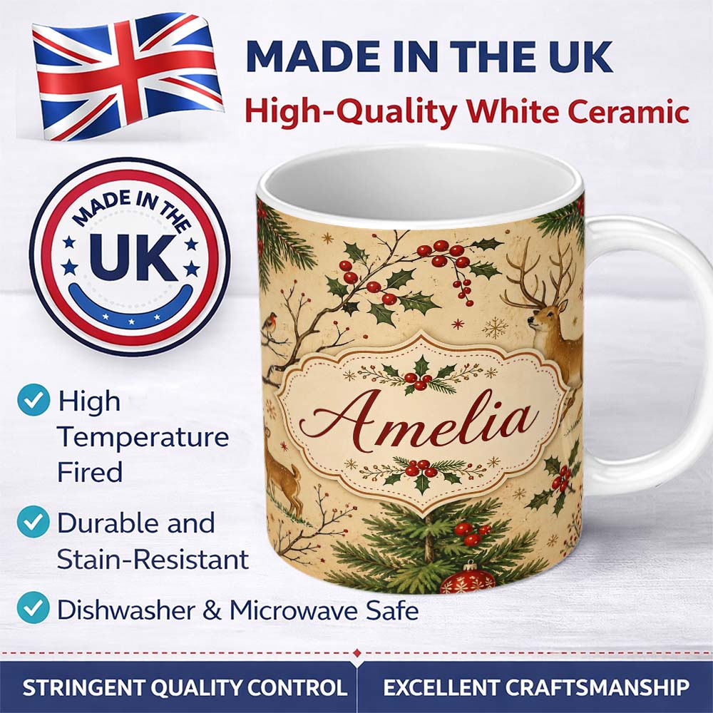 Personalized Custom Name Winter Deer Forest Holly Berries Nature Seamless Pattern Lovely 11oz Ceramic Coffee Tea Mug White Large Handle