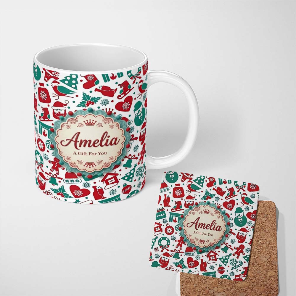 Personalized Custom Name Festive Christmas Santa Gift Snowman Tree Seamless Pattern Lovely 11oz Ceramic Coffee Tea Mug White Large Handle