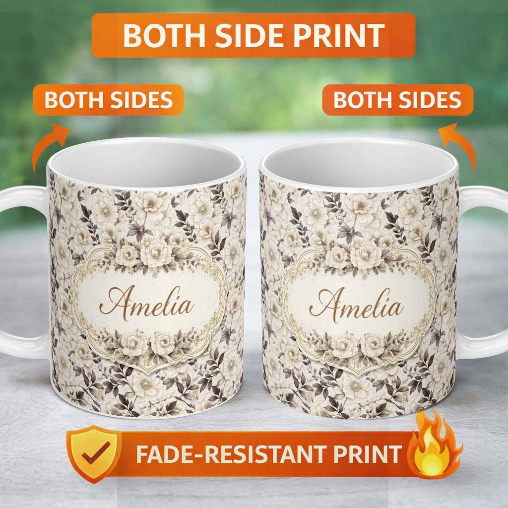 Personalized Custom Name Elegant Monochrome Floral Vintage Botanical Seamless Pattern Neutral 11oz Ceramic Coffee Tea Mug White Large Handle