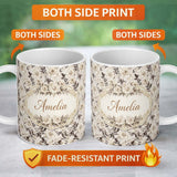 Personalized Custom Name Elegant Monochrome Floral Vintage Botanical Seamless Pattern Neutral 11oz Ceramic Coffee Tea Mug White Large Handle
