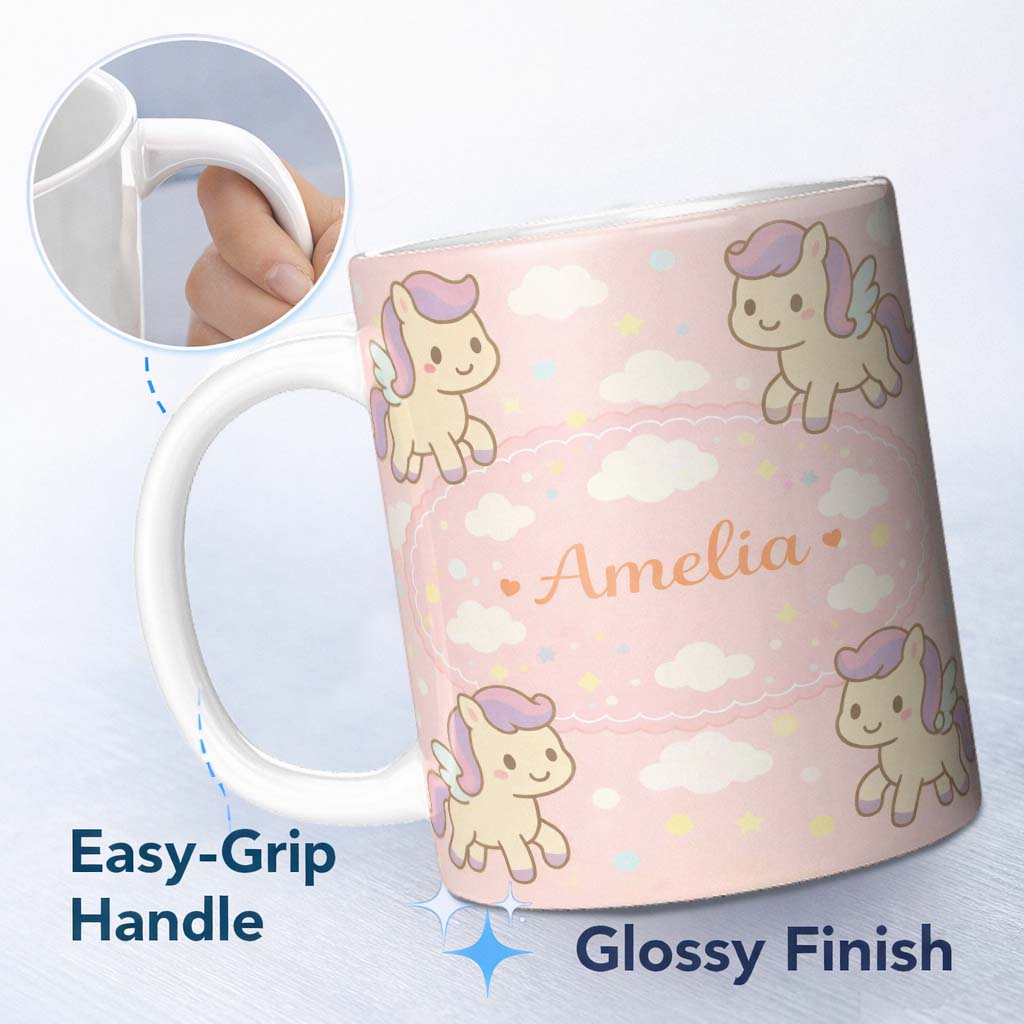 Personalized Custom Name Cute Pegasus Unicorn Cartoon Animal Pattern Charming Kitchen Decor 11oz Ceramic Coffee Tea Mug White Large Handle
