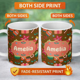 Personalized Custom Name Christmas Mittens Baubles Candy Cane Floral Holiday Seamless Pattern 11oz Ceramic Coffee Tea Mug White Large Handle