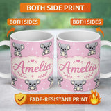 Personalized Custom Name Cute Koala Bears with Stars Rose Pink Background Seamless Pattern 11oz Ceramic Coffee Tea Mug White Large Handle