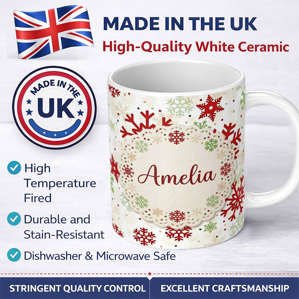 Personalized Custom Name Classic Red Green Snowflake Holiday Seamless Pattern Lovely 11oz Ceramic Coffee Tea Mug White Large Handle