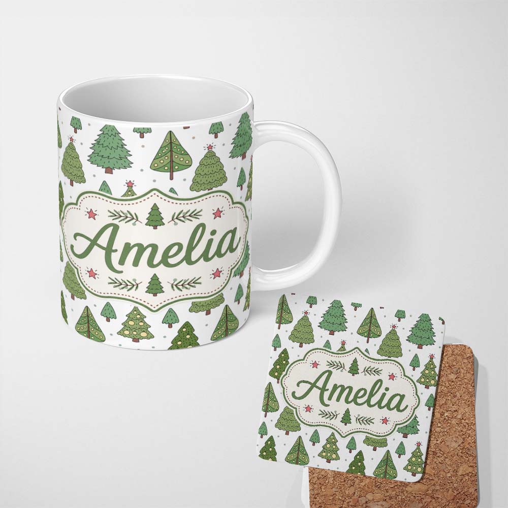 Personalized Custom Name Hand Drawn Christmas Trees with Ornaments and Dots Cute Seamless 11oz Ceramic Coffee Tea Mug White Large Handle