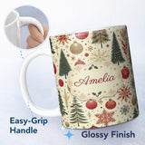 Personalized Custom Name Vintage Christmas Trees Baubles Snowflakes Red Gold Festive Seamless 11oz Ceramic Coffee Tea Mug White Large Handle
