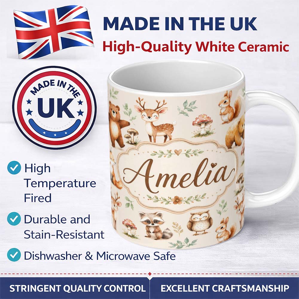 Personalized Custom Name Forest Animals Bear Deer Fox Owl Raccoon on Neutral Cream Seamless 11oz Ceramic Coffee Tea Mug White Large Handle