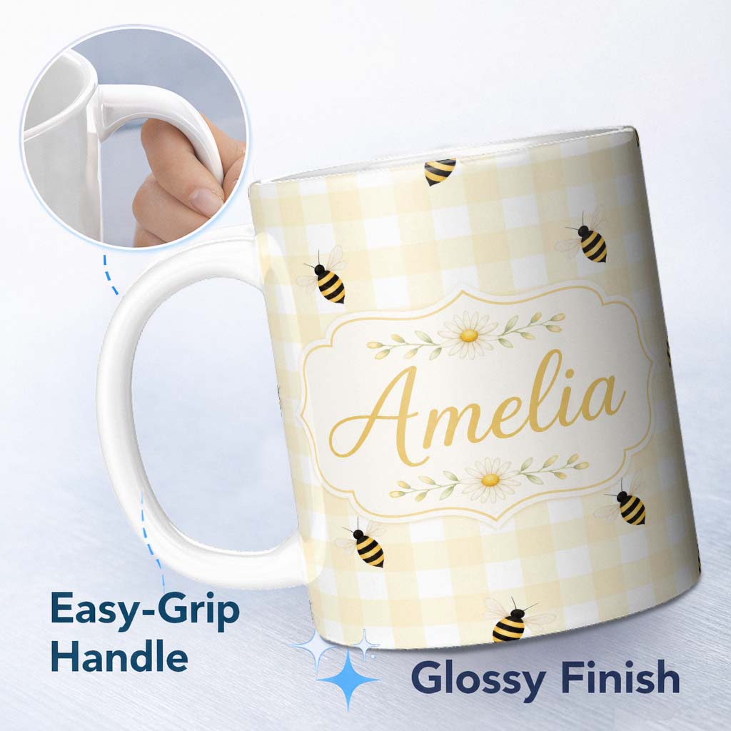 Personalized Custom Name Bee and Yellow Gingham Picnic Cute Seamless Pattern Cute Unique Gift 11oz Ceramic Coffee Tea Mug White Large Handle