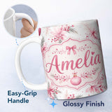 Personalized Custom Name Elegant Pink Floral Christmas Bauble Watercolor Seamless Pattern 11oz Ceramic Coffee Tea Mug White Large Handle