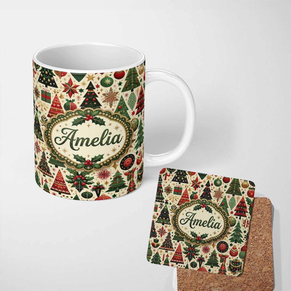 Personalized Custom Name Luxury Christmas Tree Ornament Star Bauble Festive Seamless Pattern 11oz Ceramic Coffee Tea Mug White Large Handle