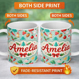 Personalized Custom Name Festive Christmas Trees Ornaments Strawberries Candy Cane Holiday 11oz Ceramic Coffee Tea Mug White Large Handle