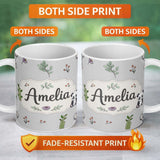 Personalized Custom Name Cute Panda Bear with Bamboo Leaves Floral Seamless Pattern Grey 11oz Ceramic Coffee Tea Mug White Large Handle