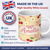 Personalized Custom Name Cute Cherry Bow and Daisy Seamless Pattern on Yellow Lovely 11oz Ceramic Coffee Tea Mug White Large Handle