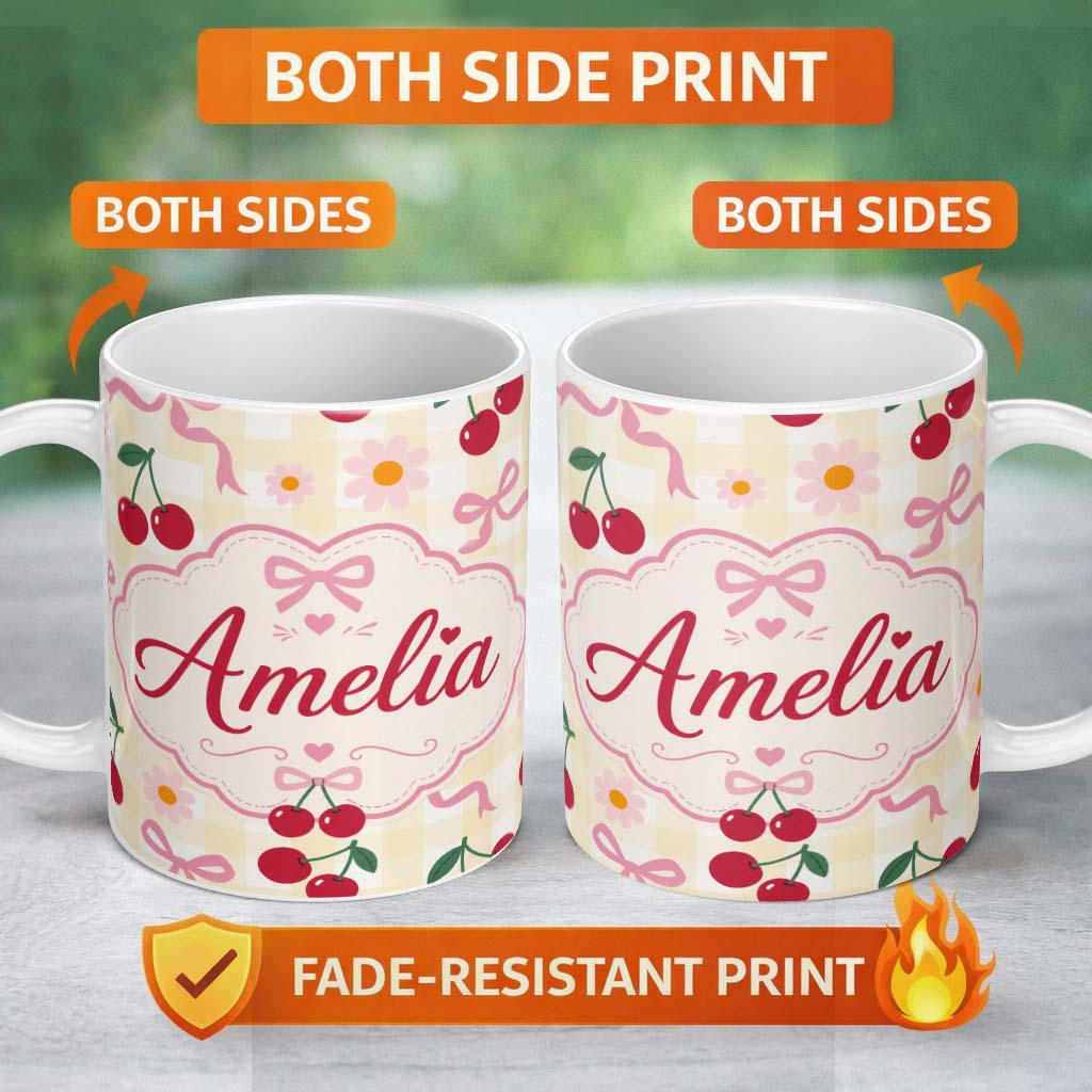 Personalized Custom Name Cute Cherry and Daisy Flowers with Pink Ribbon Bows Yellow Gingham 11oz Ceramic Coffee Tea Mug White Large Handle