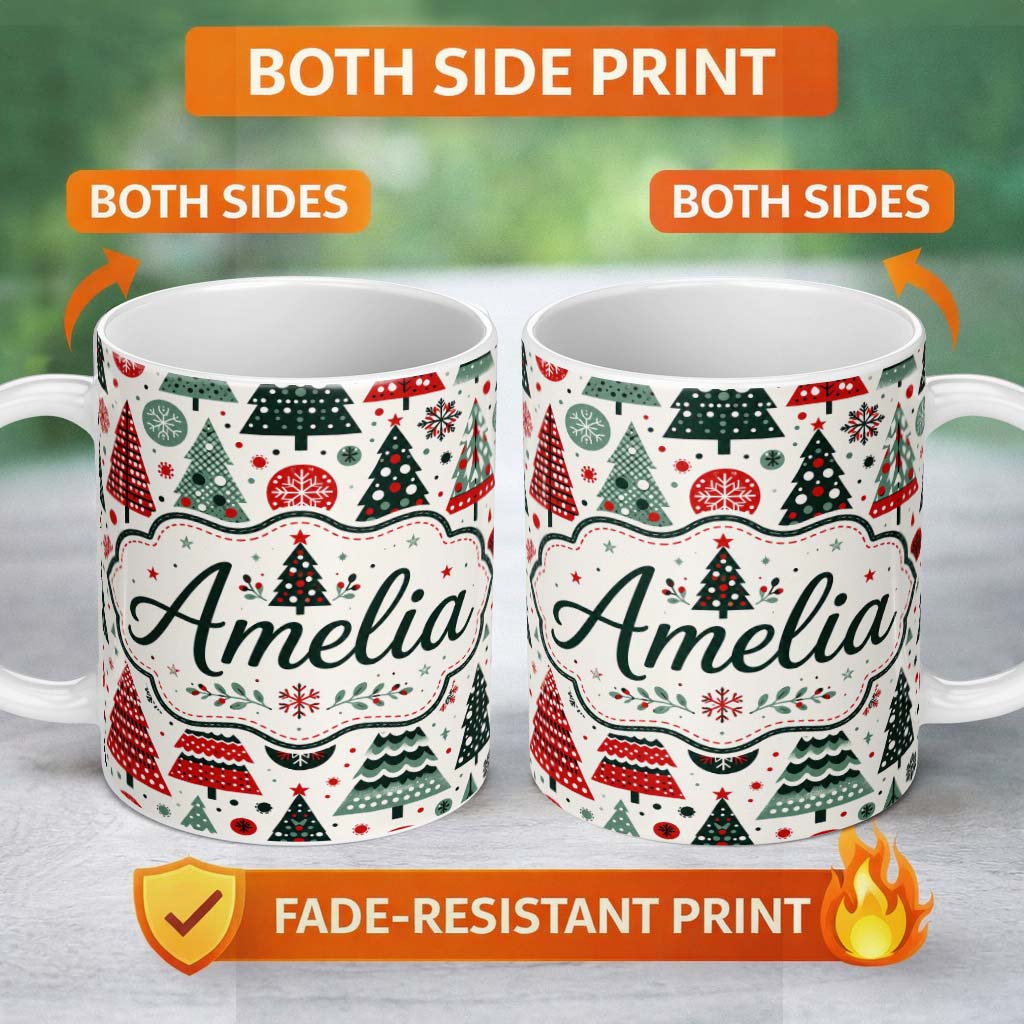Personalized Custom Name Scandi Christmas Trees Polka Dots Snowflakes Cute Holiday Seamless 11oz Ceramic Coffee Tea Mug White Large Handle