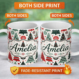 Personalized Custom Name Scandi Christmas Trees Polka Dots Snowflakes Cute Holiday Seamless 11oz Ceramic Coffee Tea Mug White Large Handle