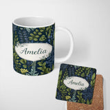 Personalized Custom Name Elegant Botanical Leaves Blue Green Floral Seamless Pattern Lovely 11oz Ceramic Coffee Tea Mug White Large Handle