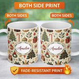 Personalized Custom Name Festive Christmas Ornament Candy Cane Tree Holiday Seamless Pattern 11oz Ceramic Coffee Tea Mug White Large Handle