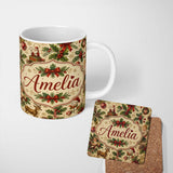 Personalized Custom Name Vintage Christmas Children Tree and Ornaments Nostalgic Holiday 11oz Ceramic Coffee Tea Mug White Large Handle