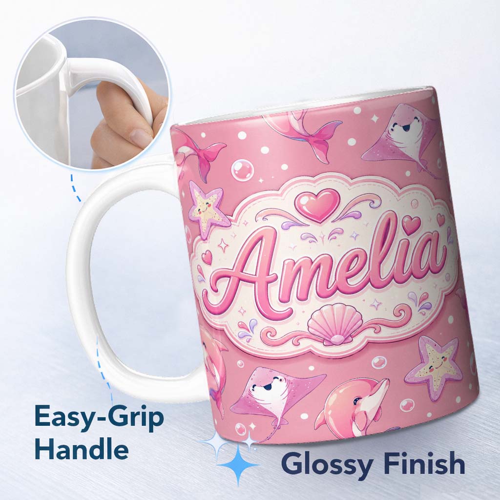 Personalized Custom Name Cute Pink Dolphin Stingray Starfish Ocean Creatures Pink Polka Dot 11oz Ceramic Coffee Tea Mug White Large Handle
