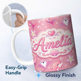 Personalized Custom Name Cute Pink Dolphin Stingray Starfish Ocean Creatures Pink Polka Dot 11oz Ceramic Coffee Tea Mug White Large Handle