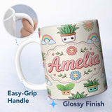 Personalized Custom Name Cute Kawaii Rainbow Sun Flowers Plant Pots Seamless Pattern Cream 11oz Ceramic Coffee Tea Mug White Large Handle