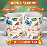 Personalized Custom Name Cute Kawaii Cats Crayons and Pencils Fun School Seamless Pattern 11oz Ceramic Coffee Tea Mug White Large Handle